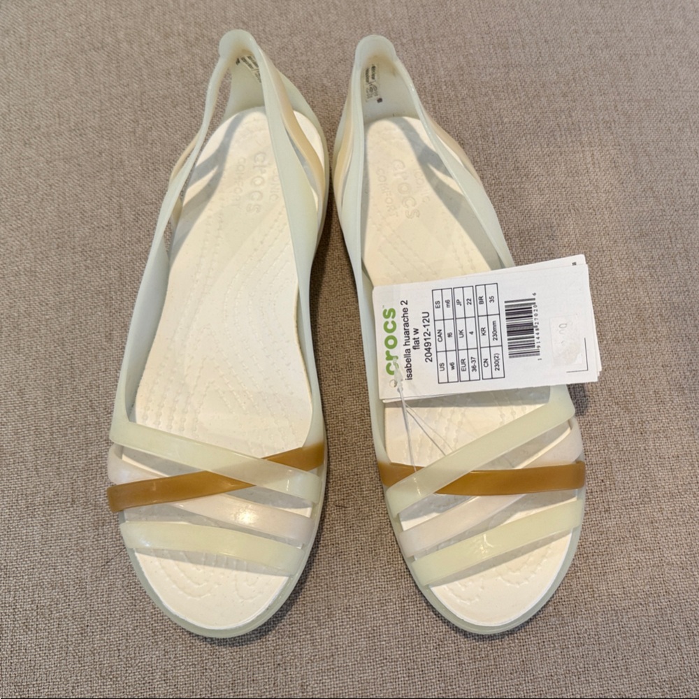 CROCS Isabella Huarache 2 Flat Sandal in Cream and Tan NWT Jelly Flats